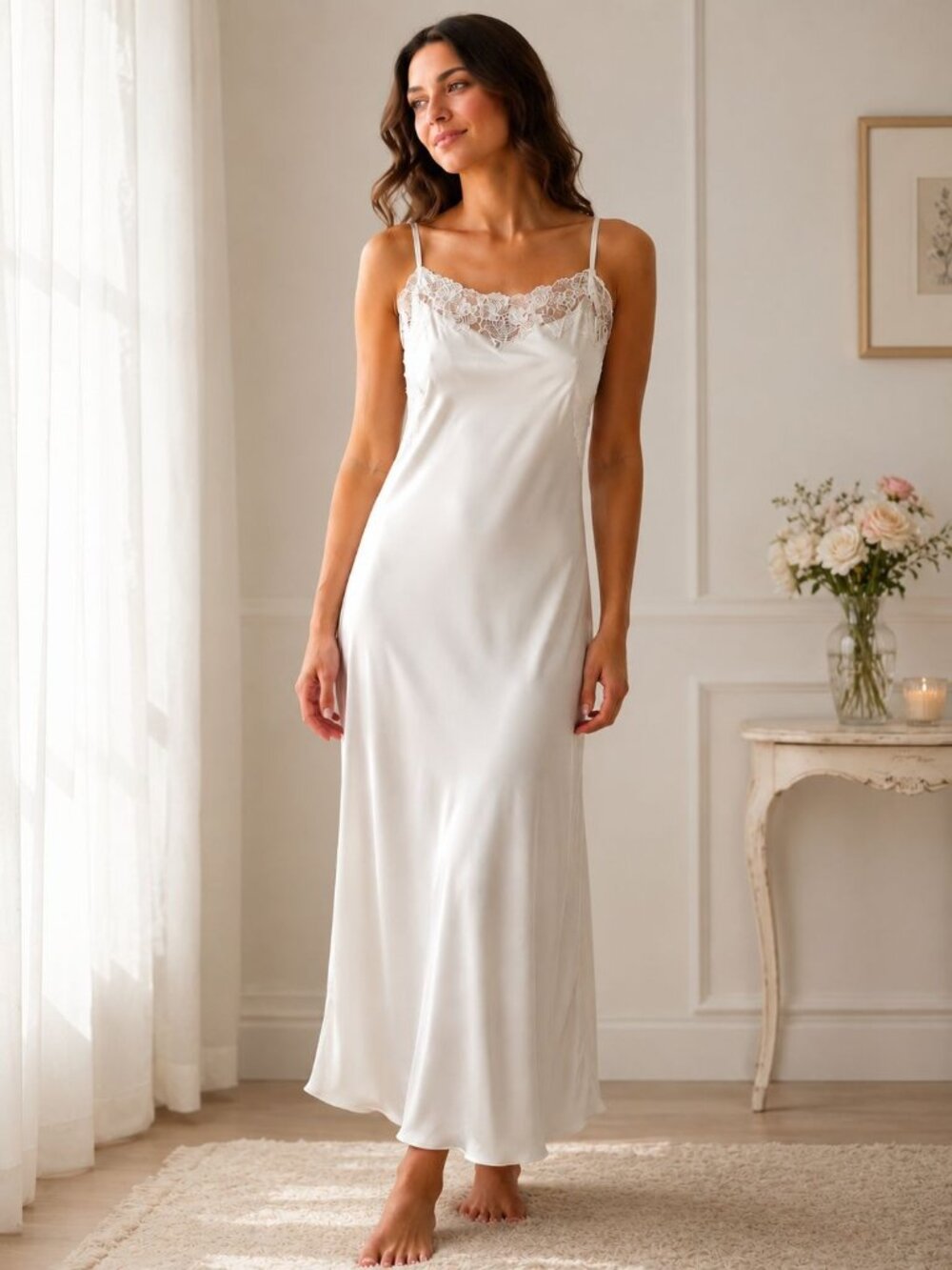 Eileen West Lace Trim White Satin Nightgown Slip Dress M Adjustable Straps Bride
